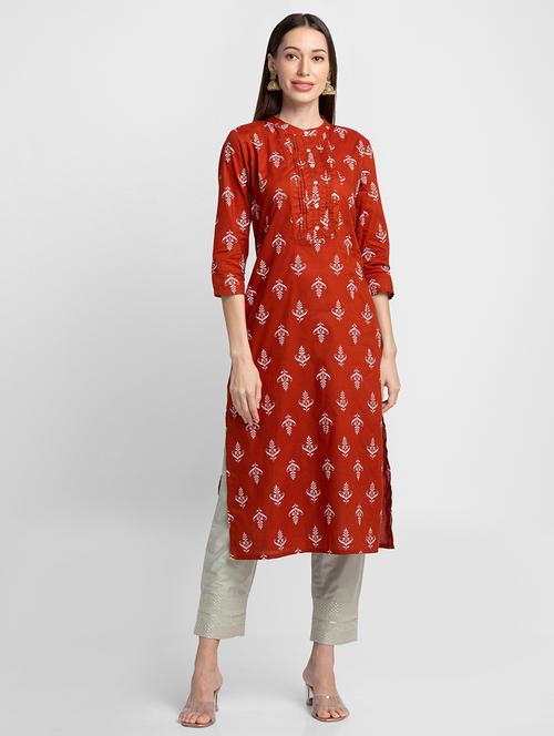 orange cotton straight kurta - 18651264 - Very Small Image - 1