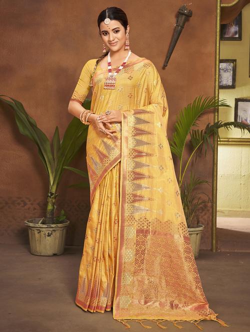 yellow silk saree - 18651346 - Very Small Image - 1