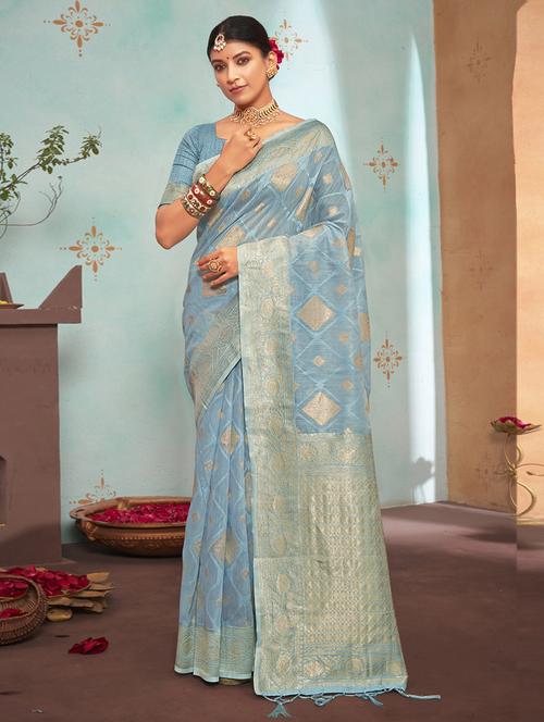 sky blue organza saree - 18651353 - Very Small Image - 1