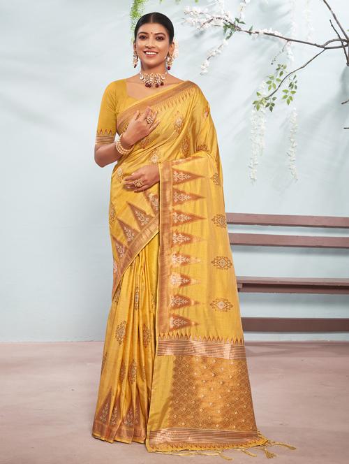 yellow silk saree - 18651364 - Very Small Image - 1