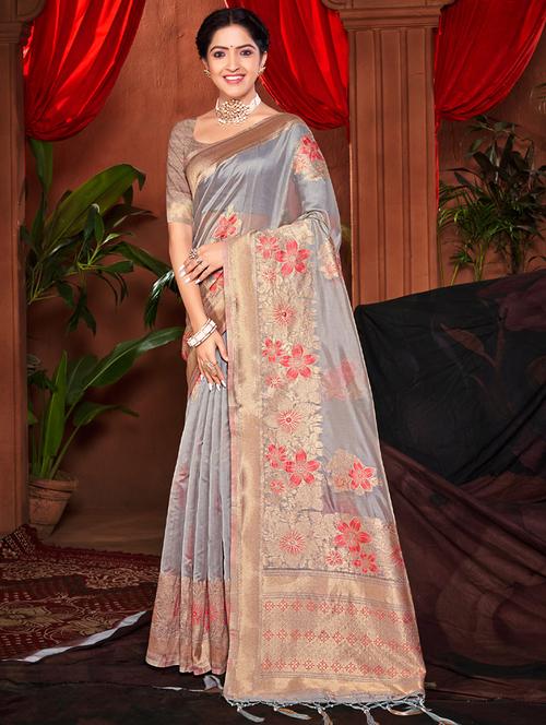 grey silk saree - 18651425 - Very Small Image - 1