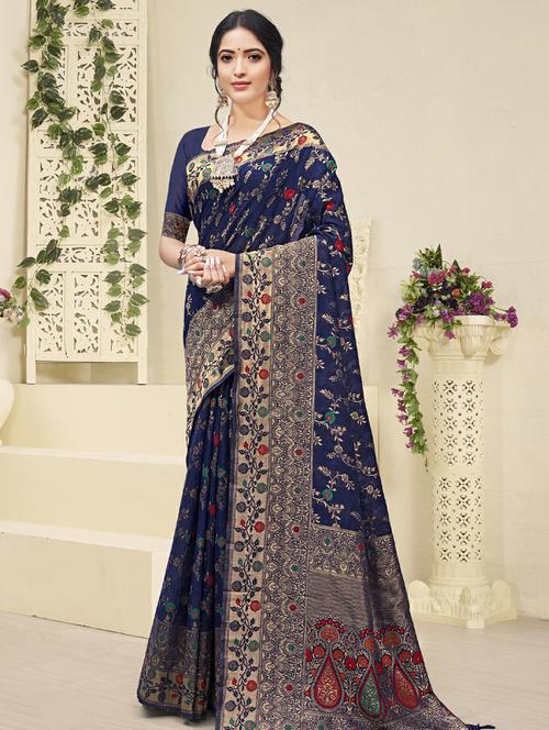 dark blue cotton saree - 18651446 - Very Small Image - 1