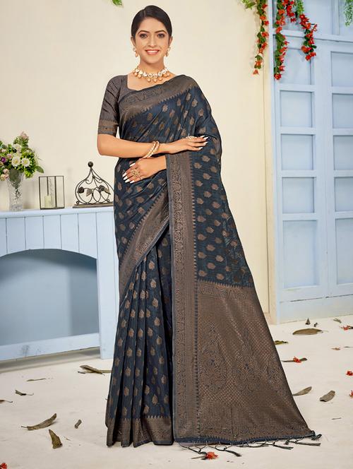dark blue cotton saree - 18651456 - Very Small Image - 1