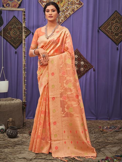 peach organza saree - 18651474 - Very Small Image - 1