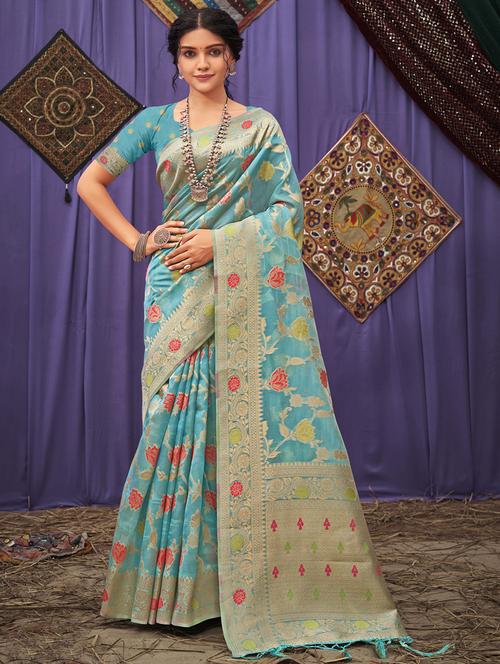 sky blue organza saree - 18651475 - Very Small Image - 1