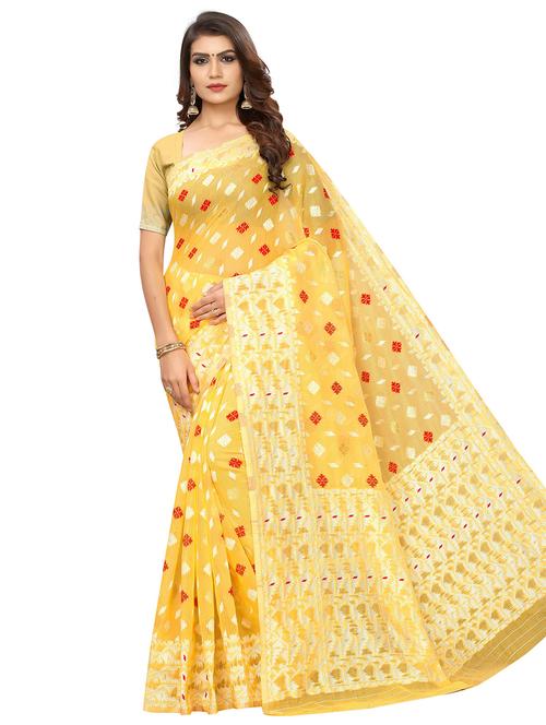 yellow jamdani saree with blouse piece - 18654181 - Very Small Image - 1