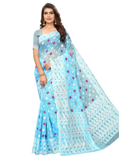 light blue jamdani saree with blouse piece - 18654183 - Very Small Image - 1