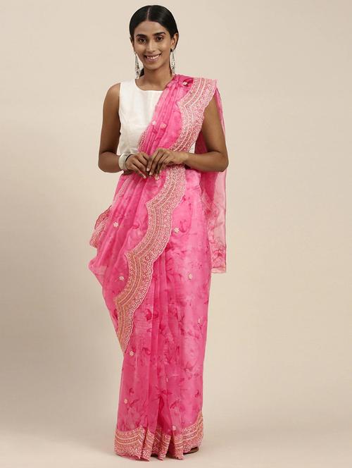 embroidered bordered floral saree with blouse - 18654436 - Very Small Image - 1