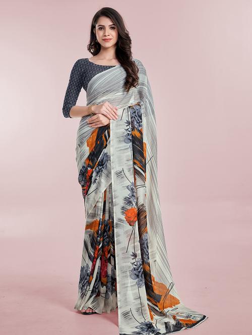 floral printed saree with blouse - 18654929 - Very Small Image - 1