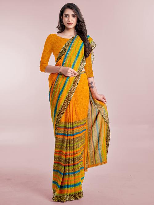 mustard printed saree with blouse - 18654933 - Very Small Image - 1
