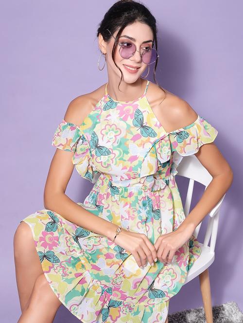 yellow printed fit & flare dress - 18658757 - Very Small Image - 1
