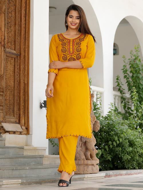 yellow rayon kurta pant set - 18666567 - Very Small Image - 1