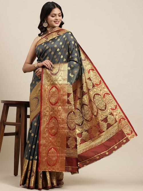 self design banarasi saree with blouse - 18678759 - Very Small Image - 1