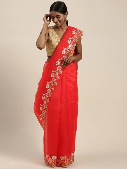 red colored embroidered saree with blouse - 18679059 - Very Small Image - 1