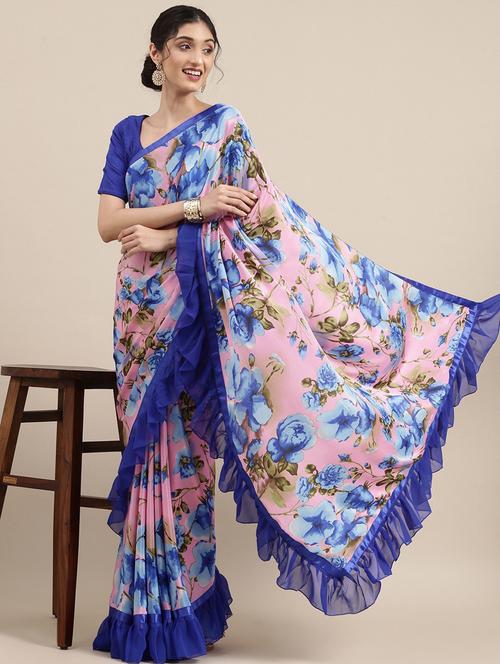 floral printed saree with blouse - 18679157 - Very Small Image - 1