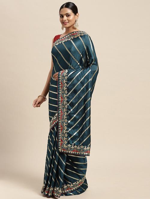 foil print lace bordered saree with blouse - 18679284 - Very Small Image - 1