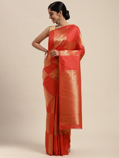 orange coloured banarasi saree with blouse - 18679299 - Very Small Image - 1