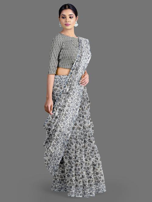 grey coloured printed set saree with blouse - 18679315 - Very Small Image - 1