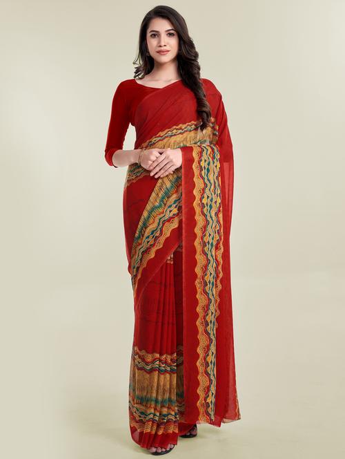 red coloured printed saree with blouse - 18679329 - Very Small Image - 1