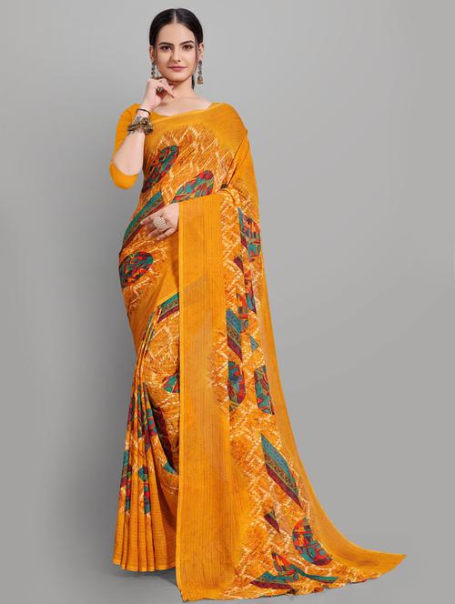 yellow coloured printed saree with blouse - 18679335 - Very Small Image - 1