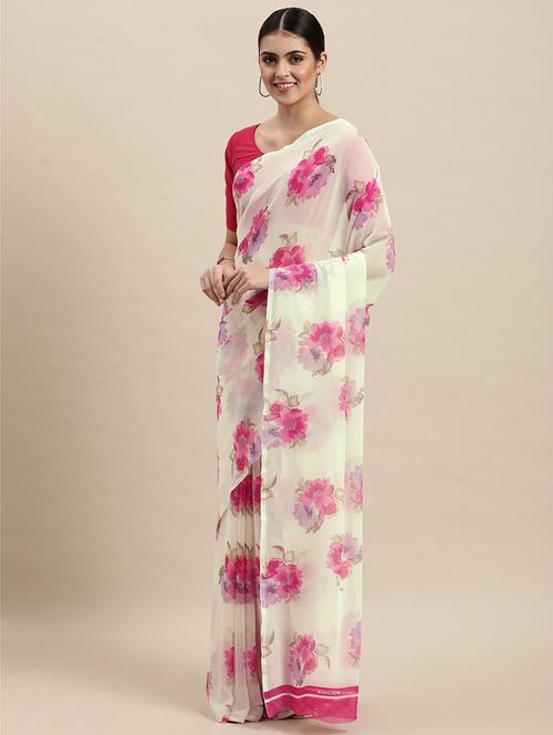 cream coloured printed saree with unstitched blouse piece with blouse - 18679360 - Very Small Image - 1