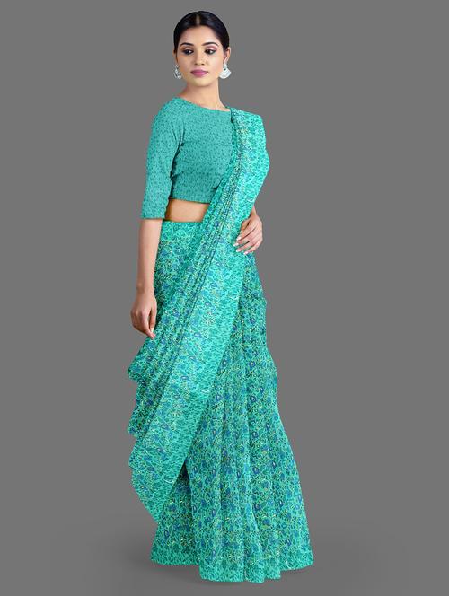 turquoise printed saree with unstitched blouse piece with blouse - 18679363 - Very Small Image - 1