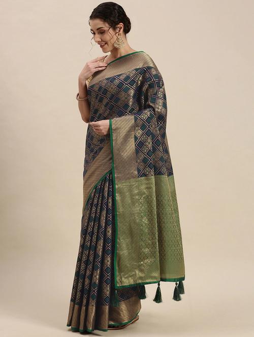 dark blue silk blend banarasi saree with blouse - 18679373 - Very Small Image - 1
