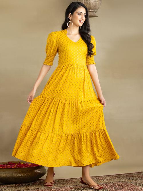 yellow rayon tiered ethnic dress - 18679657 - Very Small Image - 1