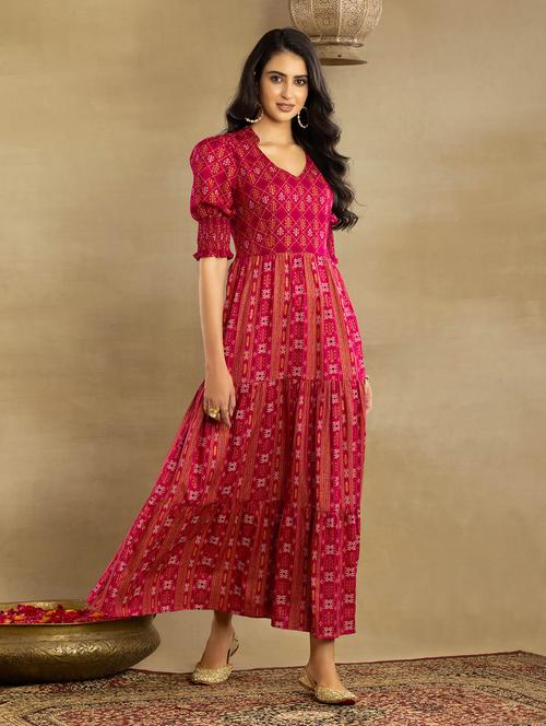 pink rayon tiered ethnic dress - 18680423 - Very Small Image - 1