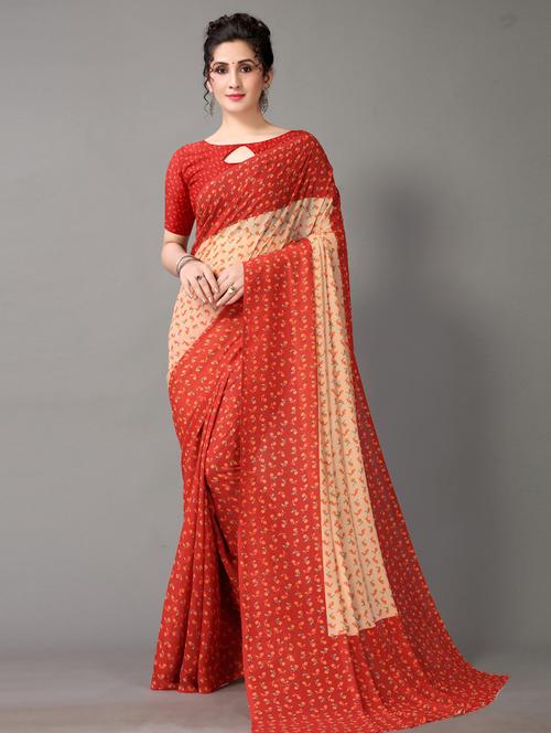 maroon georgette printed saree with blouse - 18682774 - Very Small Image - 1