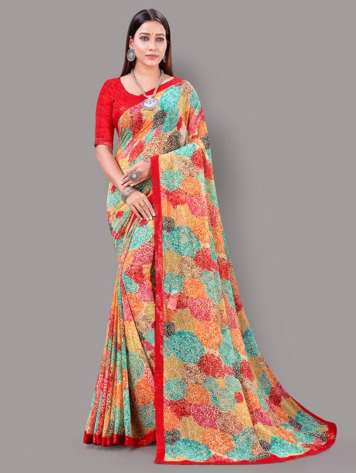 women's printed multi colored saree with blouse - 18686204 - Very Small Image - 1