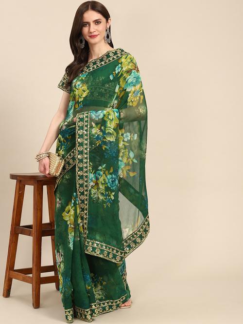green georgette printed saree with blouse - 18686878 - Very Small Image - 1