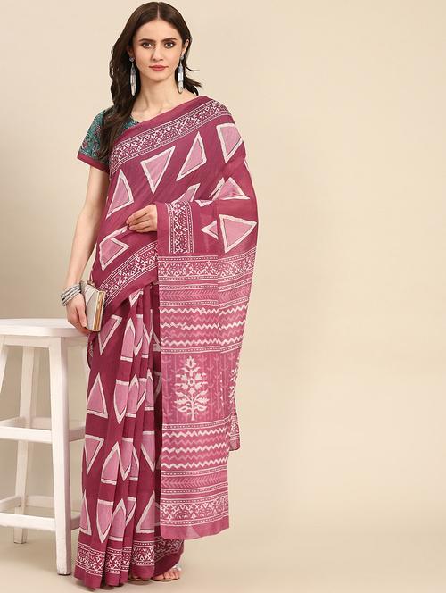 pink cotton printed saree with blouse - 18686882 - Very Small Image - 1