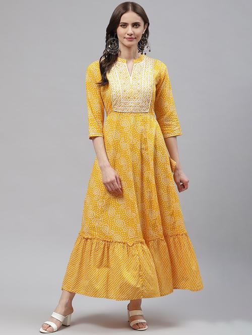 yellow cotton fit & flare ethnic dress - 18686923 - Very Small Image - 1