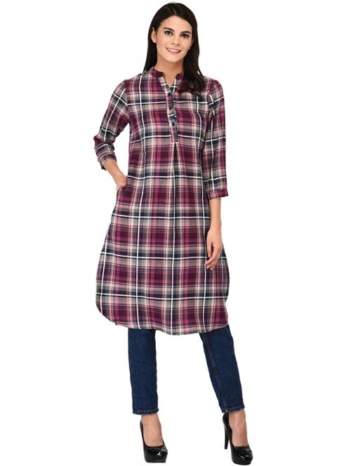 multi colored checks cotton blend regular kurta - 18688079 - Very Small Image - 1