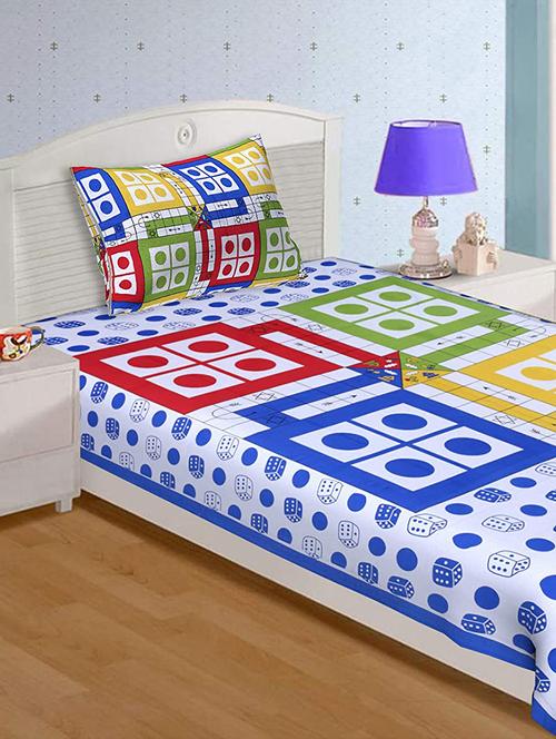 uniqchoice 100% cotton jaipuri single bedsheet with 1 pillow cover,1+1_single_ludo_blue - 18691686 - Very Small Image - 1