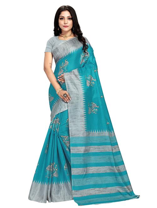 turquoise colored printed saree with blouse - 18693391 - Very Small Image - 1