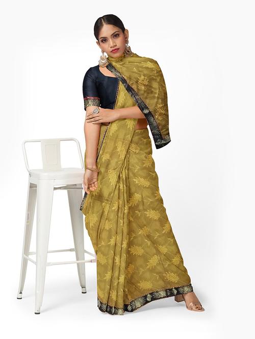 women's bordered mustard colored saree with blouse - 18696215 - Very Small Image - 1