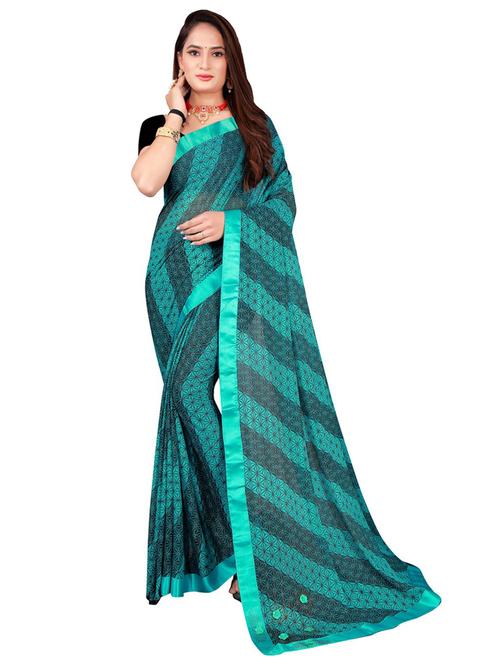 women's printed turquoise colored saree with blouse - 18696313 - Very Small Image - 1