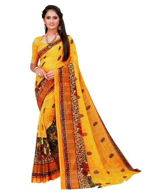 women's printed yellow colored saree with blouse - 18696609 - Very Small Image - 1