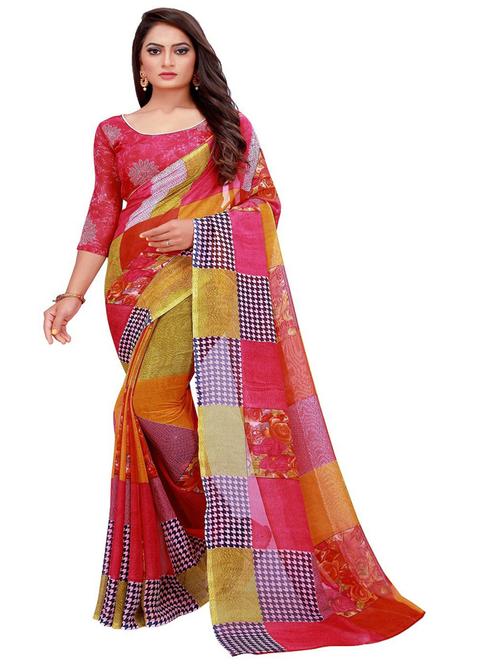 women's printed multi colored saree with blouse - 18696732 - Very Small Image - 1