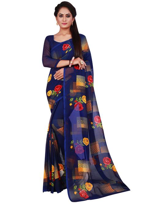 navy blue printed saree with blouse - 18696829 - Very Small Image - 1