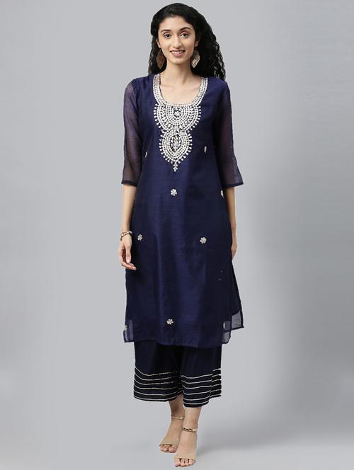 navy blue coloured embroidered kurta palazzo set - 18701219 - Very Small Image - 1