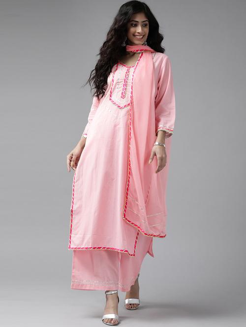 pink gotta patti lace kurta palazzo & dupatta set - 18701227 - Very Small Image - 1
