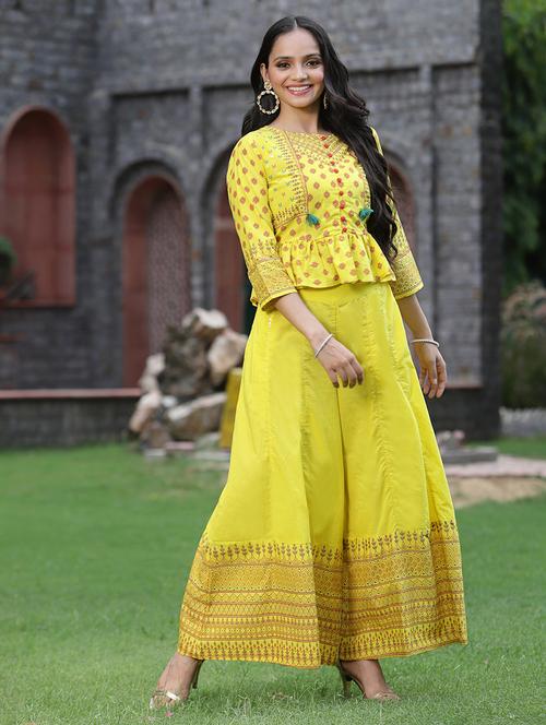 yellow printed kurta palazzo set - 18701711 - Very Small Image - 1