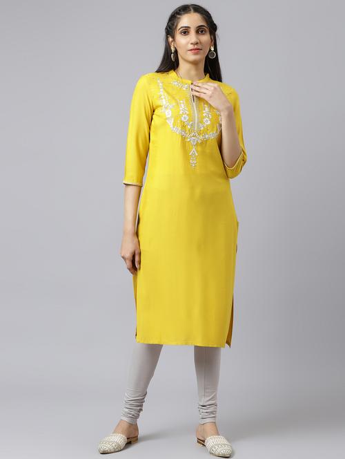 yellow embroidered straight kurta - 18703558 - Very Small Image - 1