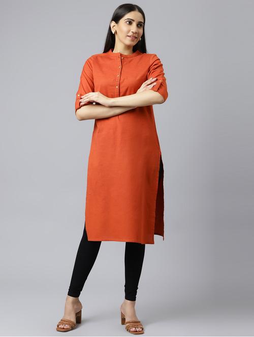 rust solid straight kurta - 18703632 - Very Small Image - 1