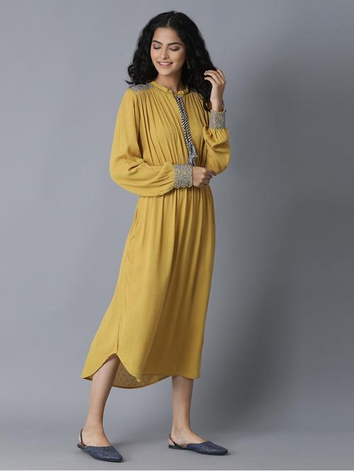 yellow viscose flared ethnic dress - 18703657 - Very Small Image - 1