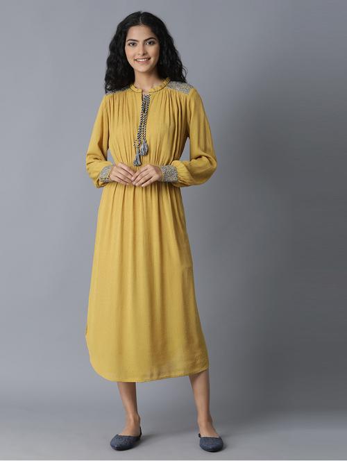 yellow viscose flared ethnic dress - 18703665 - Very Small Image - 1