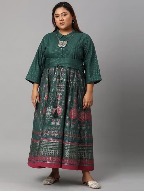 green chanderi flared ethnic dress - 18703671 - Very Small Image - 1